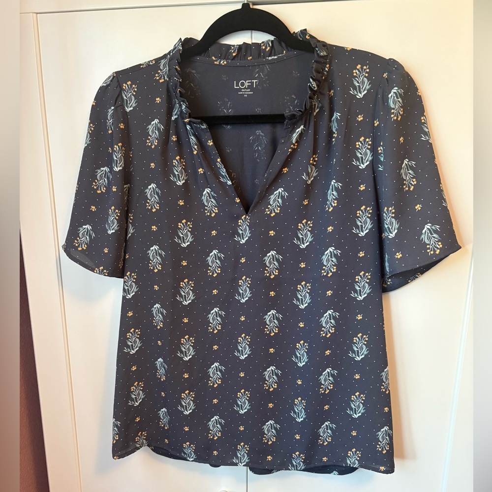 LOFT Black and Blue Polo Blouse Short Sleeve Relaxed